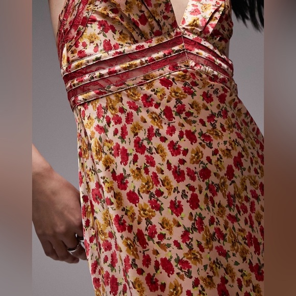 Topshop satin slip dress with lace insert in orange print B1411 - Picture 2 of 7